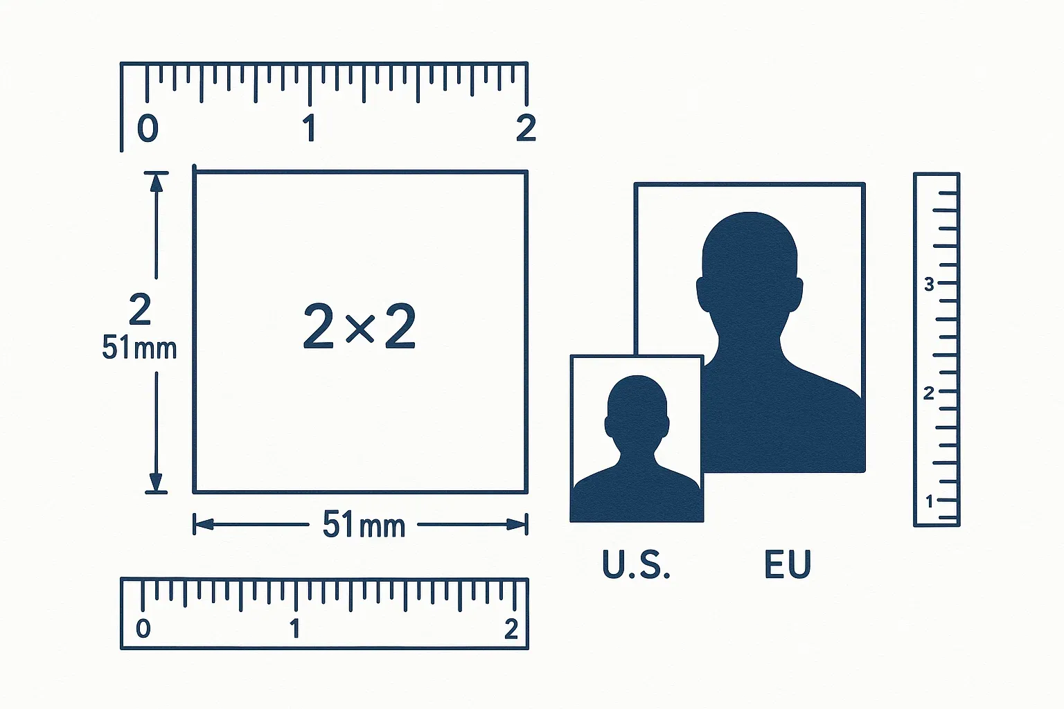 Configuración profesional de foto de pasaporte mostrando una foto de 2x2 pulgadas con superposición de cuadrícula y especificaciones técnicas para solicitudes DS-160