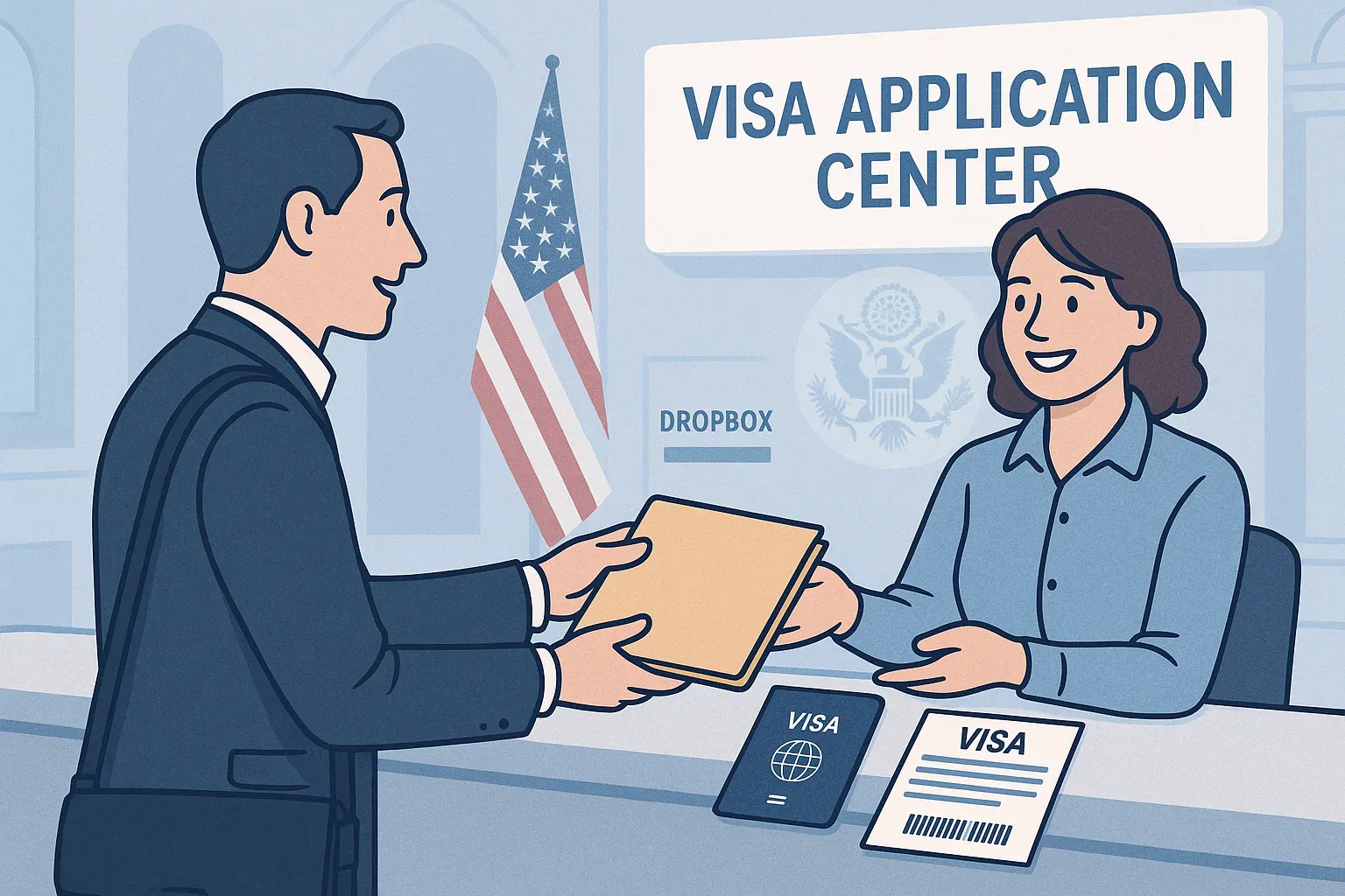 Persoană trimițând documente de viză DS-160 la un Visa Application Center pentru procesarea dropbox