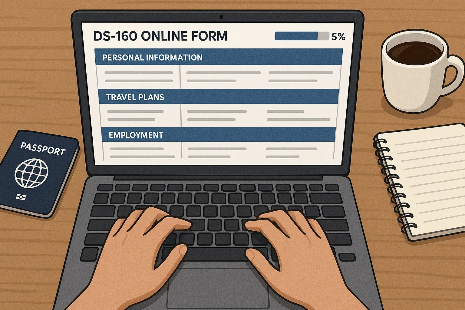 Completarea formularului DS-160 online: un laptop, pașaport și o bară de progres care arată că cererea este aproape completă.