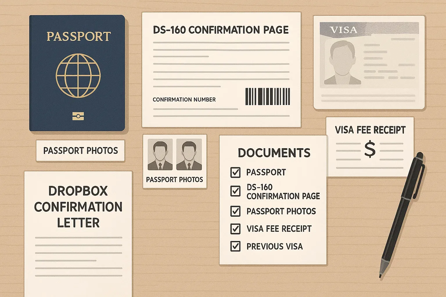 Toate documentele dropbox necesare așezate: pașaport, confirmare DS-160, fotografie viză, chitanță taxă, viză anterioară și listă de verificare.