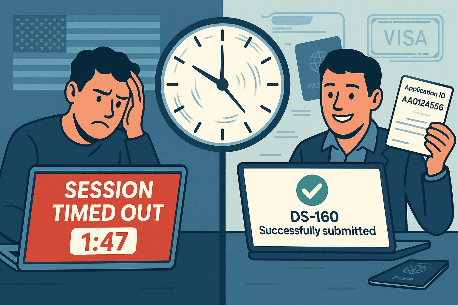 DS-160 session timeout recovery interface showing application ID retrieval process and prevention strategies for US visa applicants.
