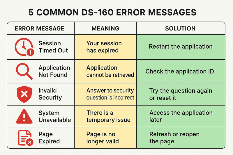 Quick reference guide: Decode DS-160 error messages and find the right solution in seconds.