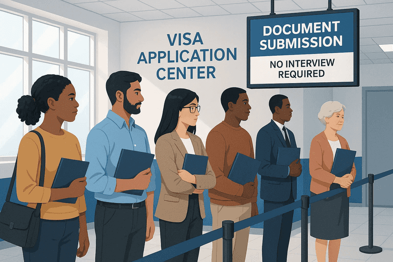 Visa applicants waiting at a modern center, ready to submit documents for dropbox processing—no interview required.